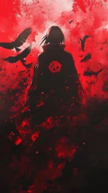 Silhouetted figure stands in red abstract field with flying crows