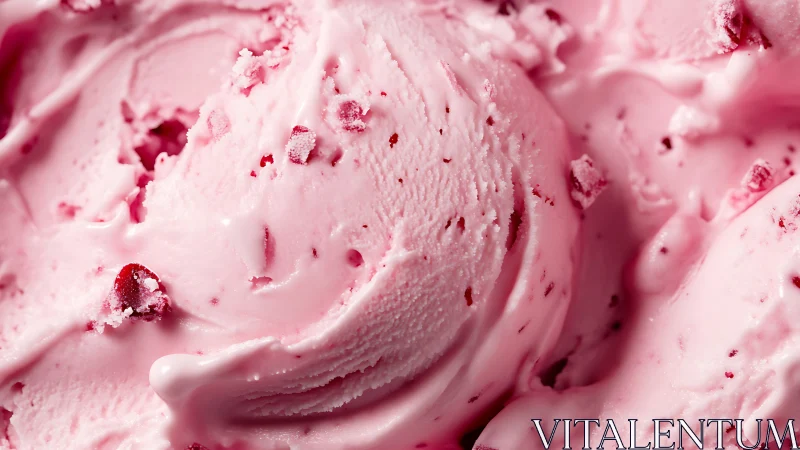 Close-up macro view of pink ice cream with fruit pieces.