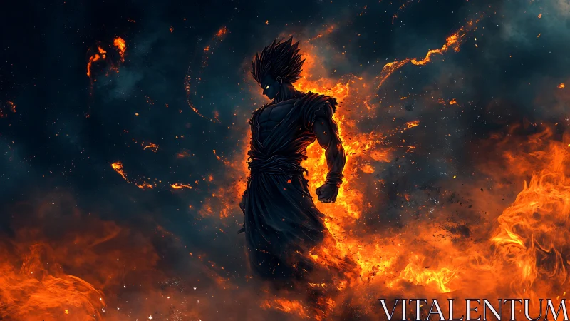 Fiery anime warrior silhouette isolated by high‑contrast rim lighting