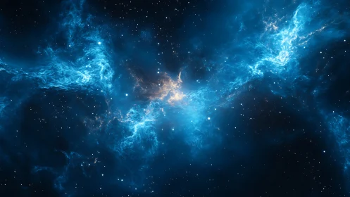 Stellar nebula panorama with luminous blue ionized gas clouds.