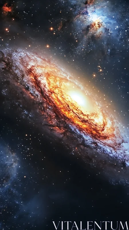 Spiraling galaxy glows with molten light in deep space