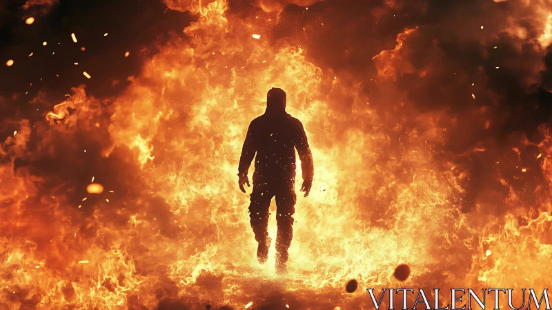 Silhouetted figure walking through intense flames and combustion environment