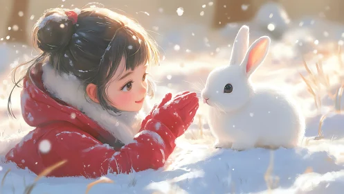 Girl in red coat meets white rabbit in soft winter light.
