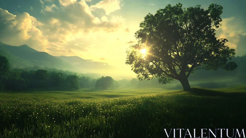 Sunlit tree dominates misty meadow beneath distant hills