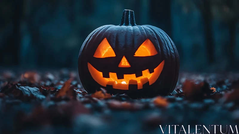 Moody jack o lantern on autumn forest floor at twilight.