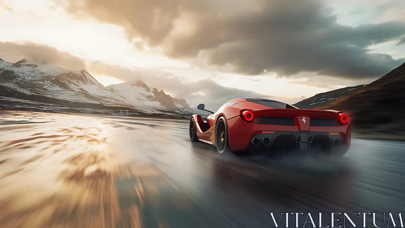 Red supercar accelerates on wet mountain road at sunset