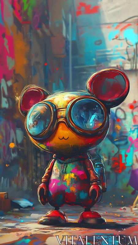 Digital painting of graffiti-splashed mascot in neon alleyway.