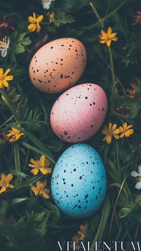 Three speckled pastel eggs lie on grass among yellow flowers