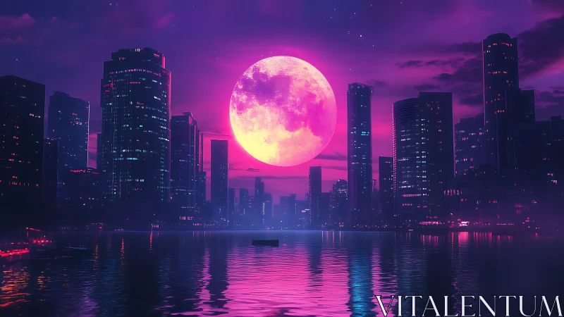 Neon city skyline under vivid pink full moon at night.
