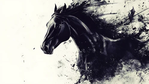 Wild black horse dissolving into expressive ink splashes.