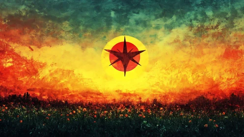 Compass star symbol over textured sunset landscape field