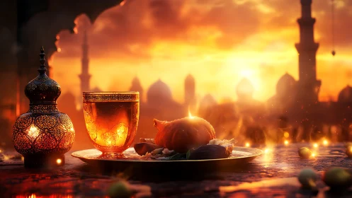 Golden tea glass and lantern at sunset in Middle Eastern city