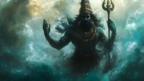 Mythic blue-skinned deity stands in turbulent aquatic mist