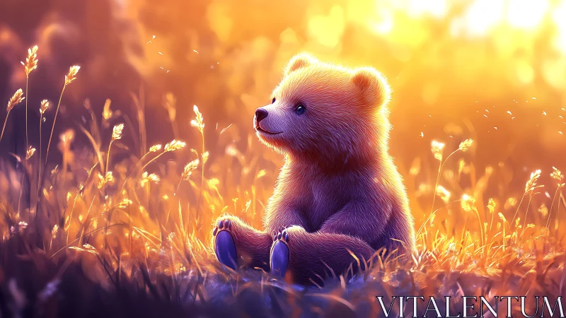 Backlit baby bear in golden meadow with glowing bokeh light