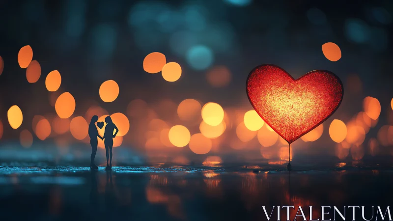 Couple Contemplating Glowing Heart Against Urban Bokeh Backdrop.