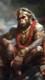 Divine monkey warrior sits in ornate golden jewelry and garland.