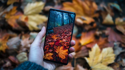 Smartphone frame isolates vivid autumn forest pathway.