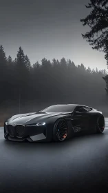 Black BMW concept sports car on wet forest road at dusk.
