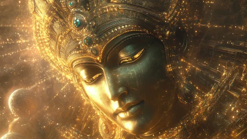 Golden cosmic guardian in serene celestial radiance.