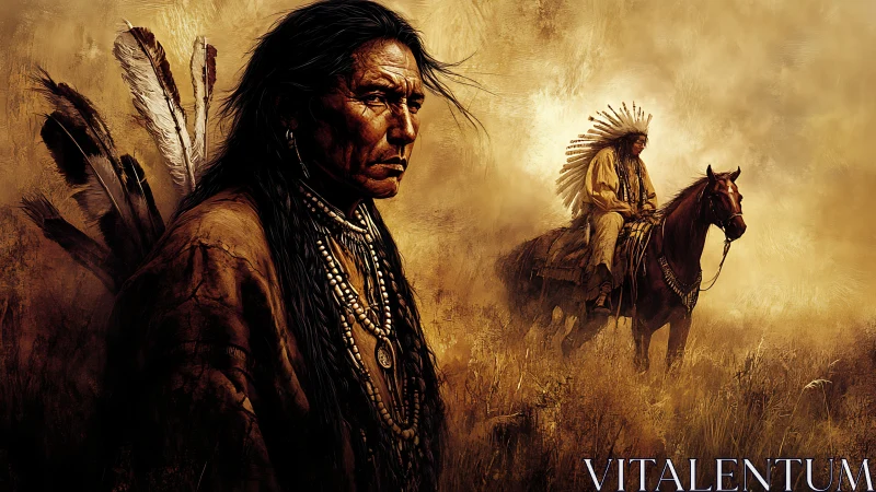 Stoic indigenous leaders stand in a windswept golden haze