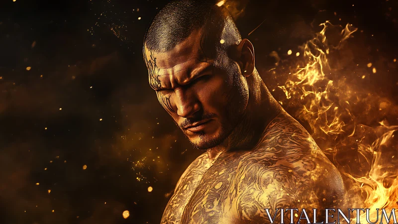 Tattooed warrior rendered in blazing cinematic digital flames