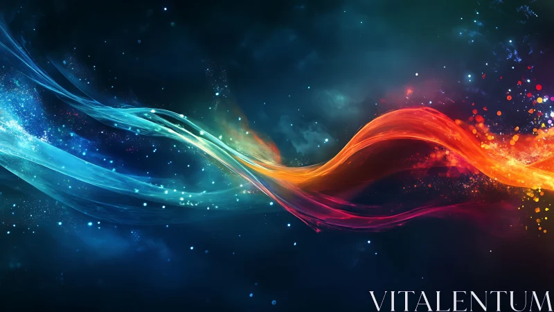 Colorful light wave streams cross over a dark cosmic field