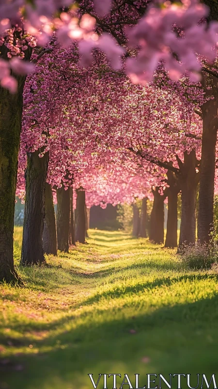 Photorealistic cherry blossom all&eacute;e with axial perspective.