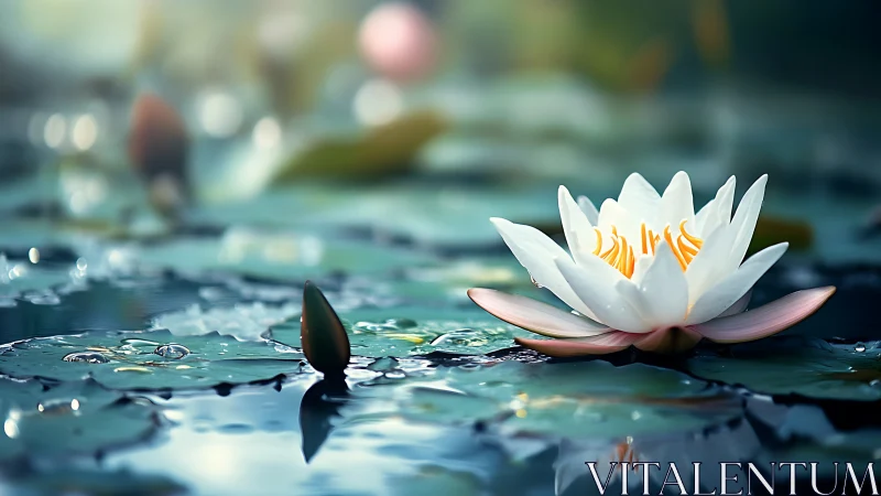 White water lily in sharp focus on calm reflective pond
