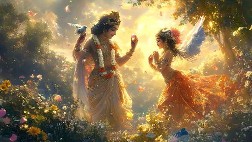 Radiant divine lovers trading petals in a sunlit blossom realm.