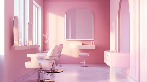 Monochrome pink salon interior with symmetrical ergonomic fixtures.