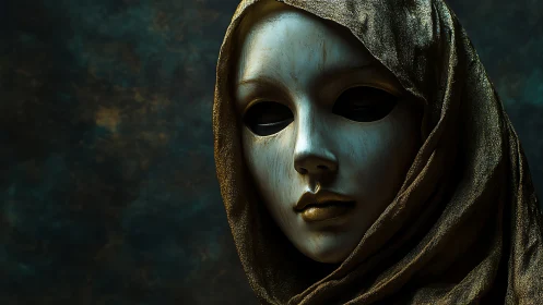 Veiled metallic mask gazes from shadowed teal depths