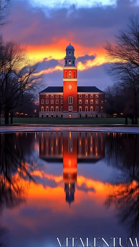 Symmetric brick tower reflected in axial twilight basin.
