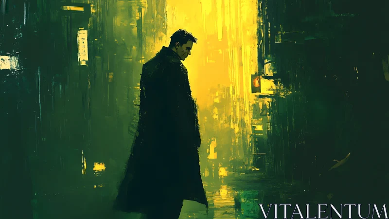 Lone wanderer bathed in moody neon yellow city light.