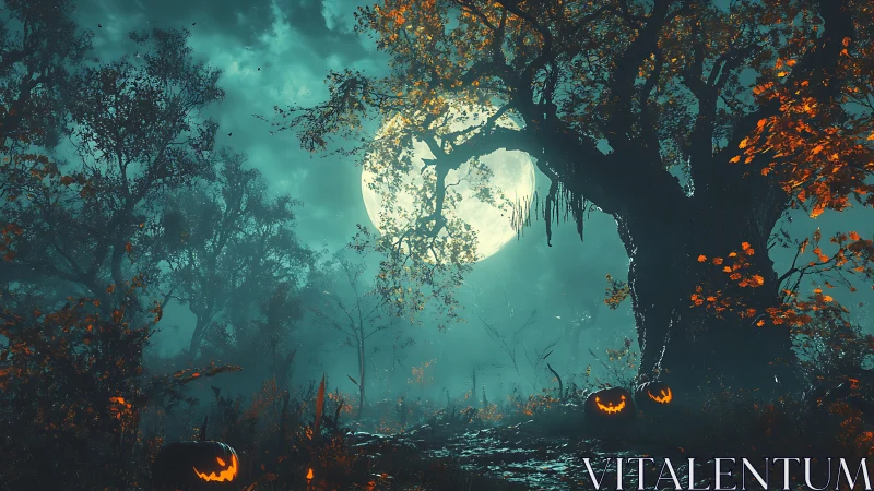 Full moon over eerie forest with glowing jack o lanterns.