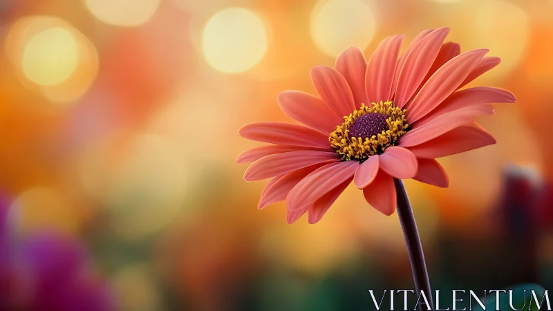 Red Gerbera Daisy Against Warm Bokeh Background.