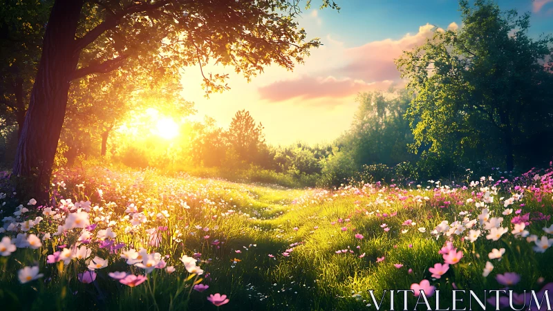 Sunlit wildflower meadow dreaming in radiant golden hush.