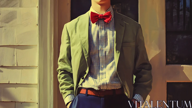 Man in blazer, bow tie and checkered shirt outside a door.