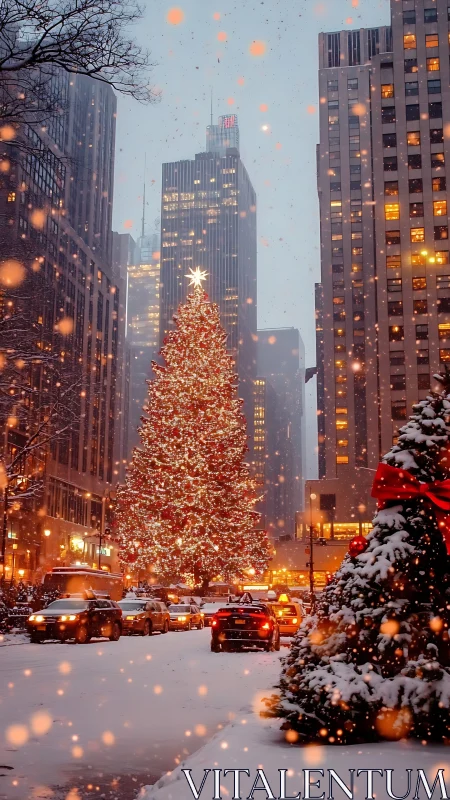 Snowy city avenue with illuminated Christmas tree centerpiece.
