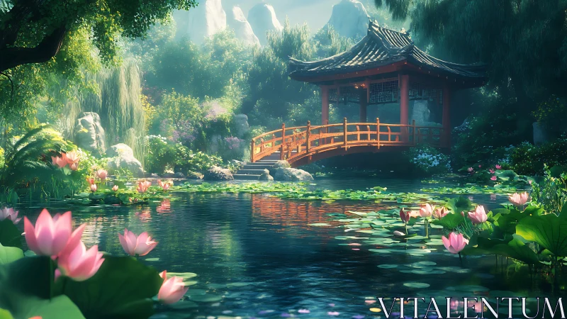 Digital painting of lotus garden pavilion with arched bridge.