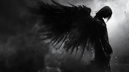Brooding raven-winged angel bowed in stormy grayscale dusk.