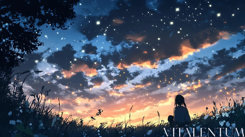 Silhouetted figure observing starry dusk sky over meadow.