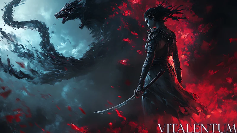 Digital painting of warrior confronting spectral dragon form.