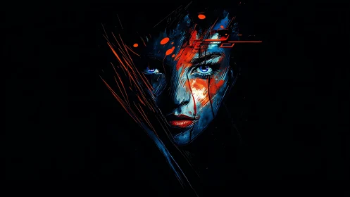 Neon-lit female portrait uses high-contrast strokes and digital glitch overlays