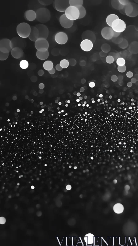 Monochrome bokeh lights over dark glitter surface.
