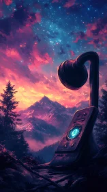 Ancient cosmic communicator glows beneath a vivid nebula sky