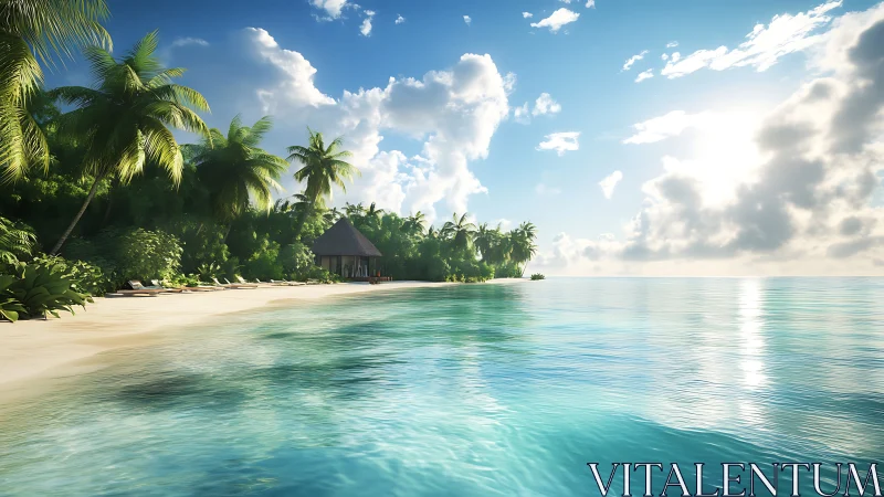 Tropical coastal landscape with palm vegetation and thatched structure near shoreline.