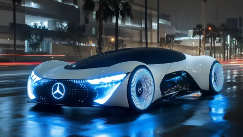 Midnight city cruise with a glowing futuristic concept car.
