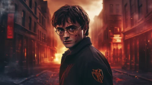 Young wizard stands defiant in a burning city street.