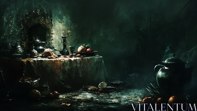 Dark baroque feast table under moody chiaroscuro light.