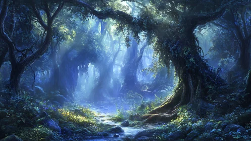 Ethereal forest stream with luminous atmospheric perspective and ancient woodland.